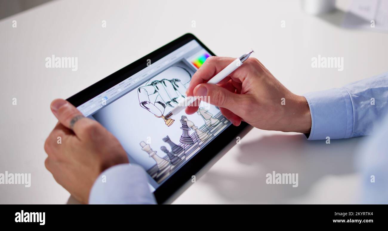 Diseñador gráfico de fotografías con la pantalla de Tablet PC para dibujar Foto de stock