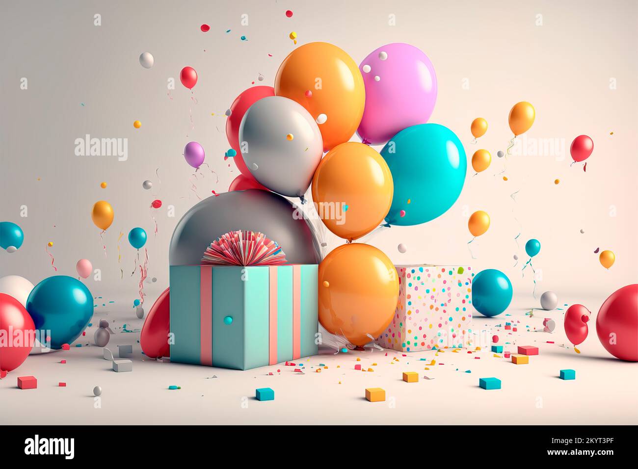 Guirnalda de banderas de colores y globos para la decoración de la fiesta.  Fondo de fiesta de cumpleaños con decoración, globo, confeti, serpentina,  sombrero de cumpleaños y gi Fotografía de stock -