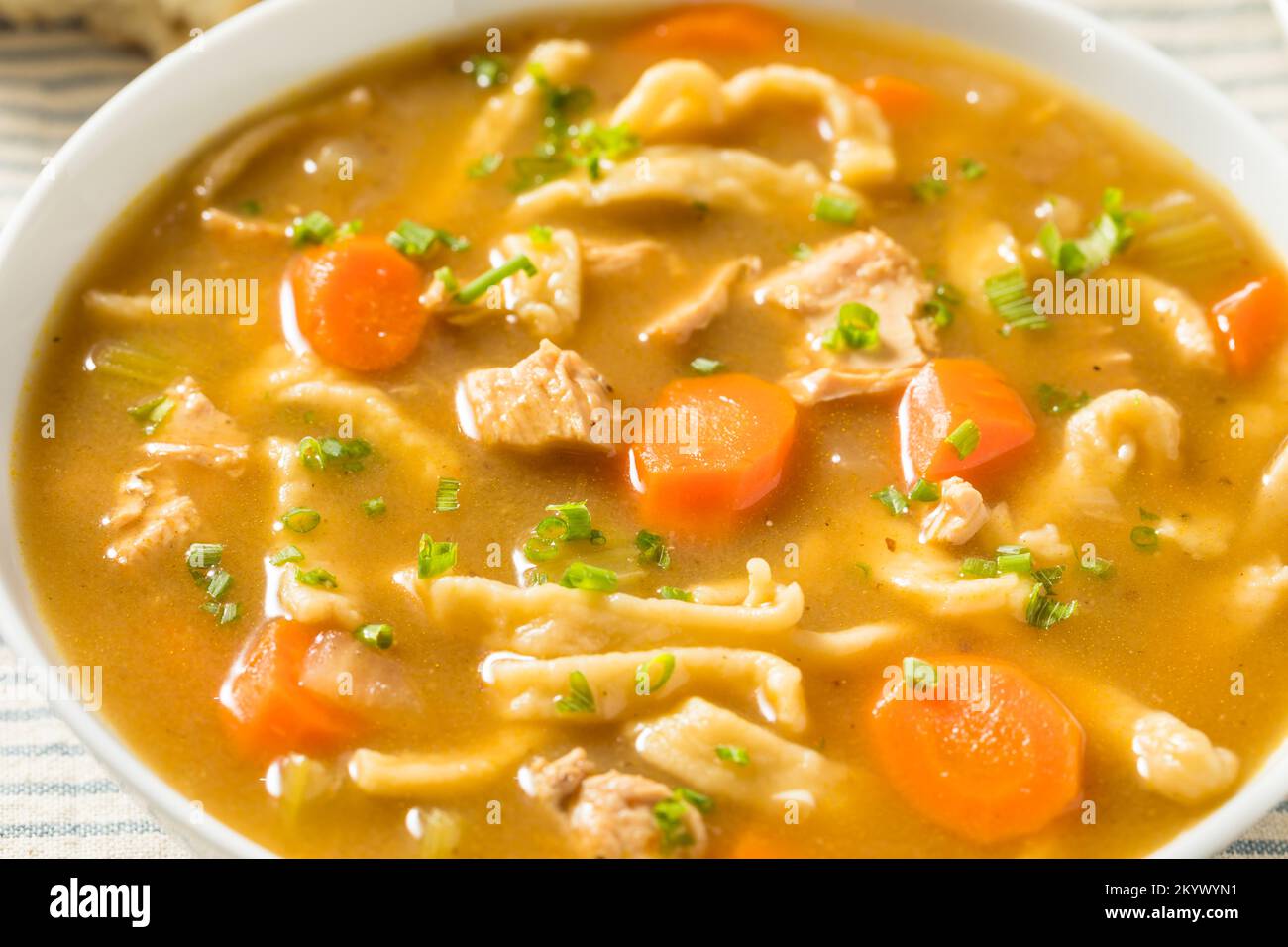 Sopa de pollo con fideos caseros con zanahoria y apio Foto de stock