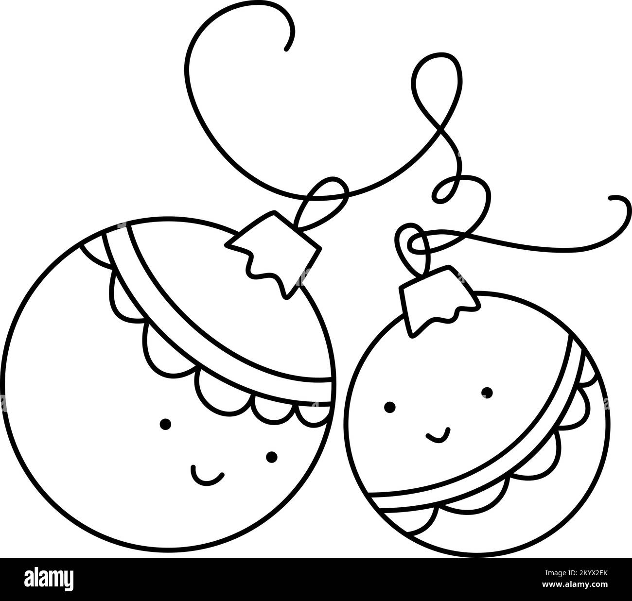 Mano línea dibujada dos lindo amante feliz pelotas de juguete par para el árbol. Feliz Navidad y Feliz Año Nuevo contorno ilustración aislada para la celebración de Ilustración del Vector
