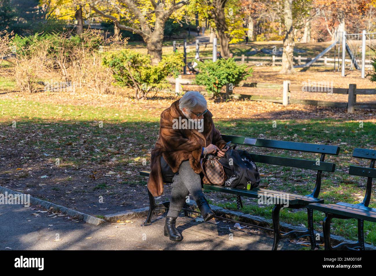 Nueva York, Estados Unidos. 02nd de Dic de 2022. Una mujer usa el teléfono celular en Central Park el soleado día de otoño (Foto por Lev Radin/Pacific Press) Crédito: Pacific Press Media Production Corp./Alamy Live News Foto de stock