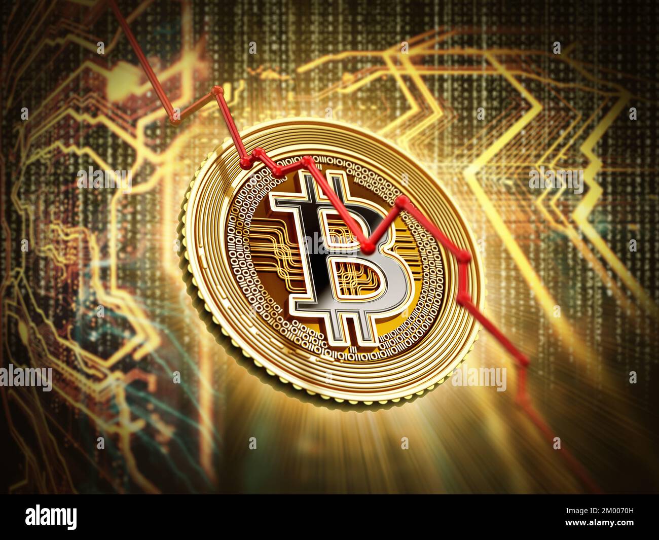 Bitcoin Precio caída de concepto, Bitcoin digital criptomoneda en el fondo de la tecnología. Ilustración 3D. Foto de stock