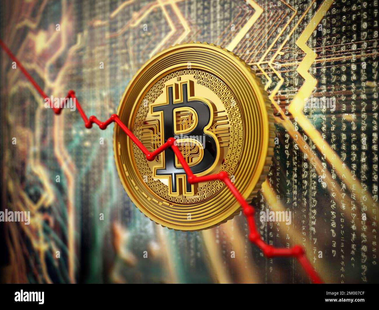 Bitcoin Precio caída de concepto, Bitcoin digital criptomoneda en el fondo de la tecnología. Ilustración 3D. Foto de stock