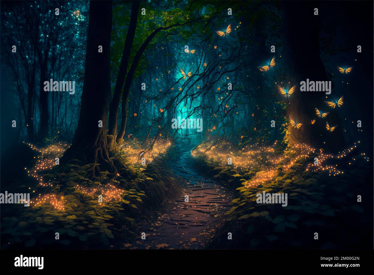Camino bosque mágico con luciérnagas . Noche mágico bosque de fantasía. Paisaje forestal Foto de stock