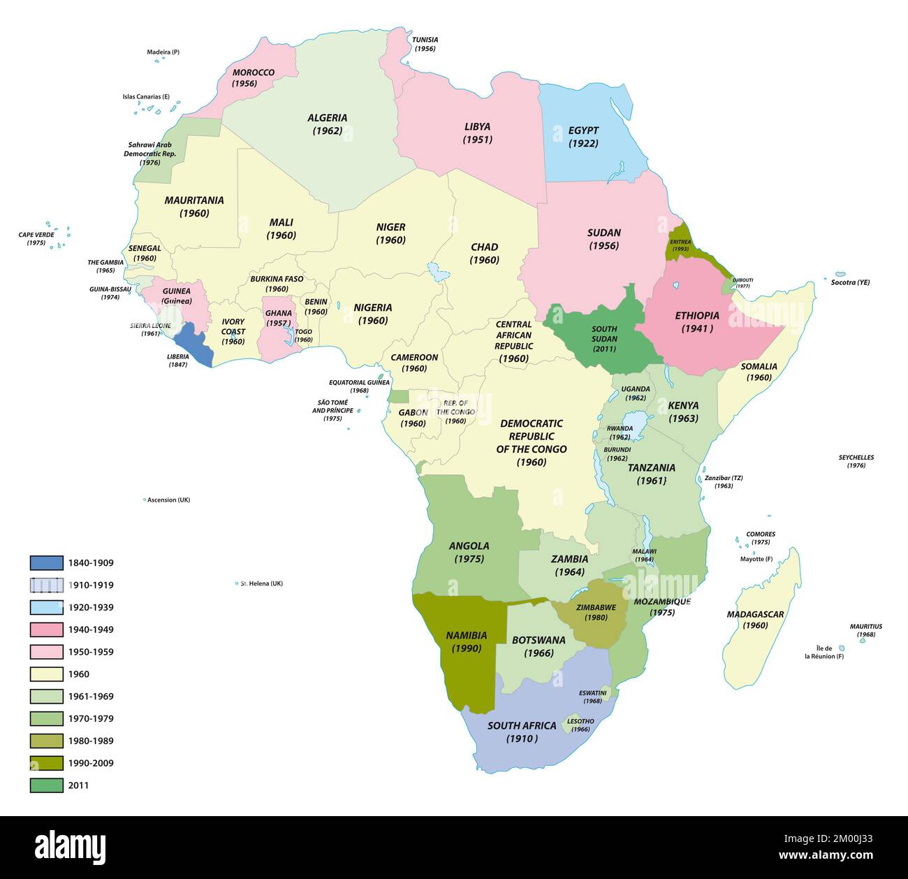 Mapa de los estados de África con las fechas de su independencia Foto de stock