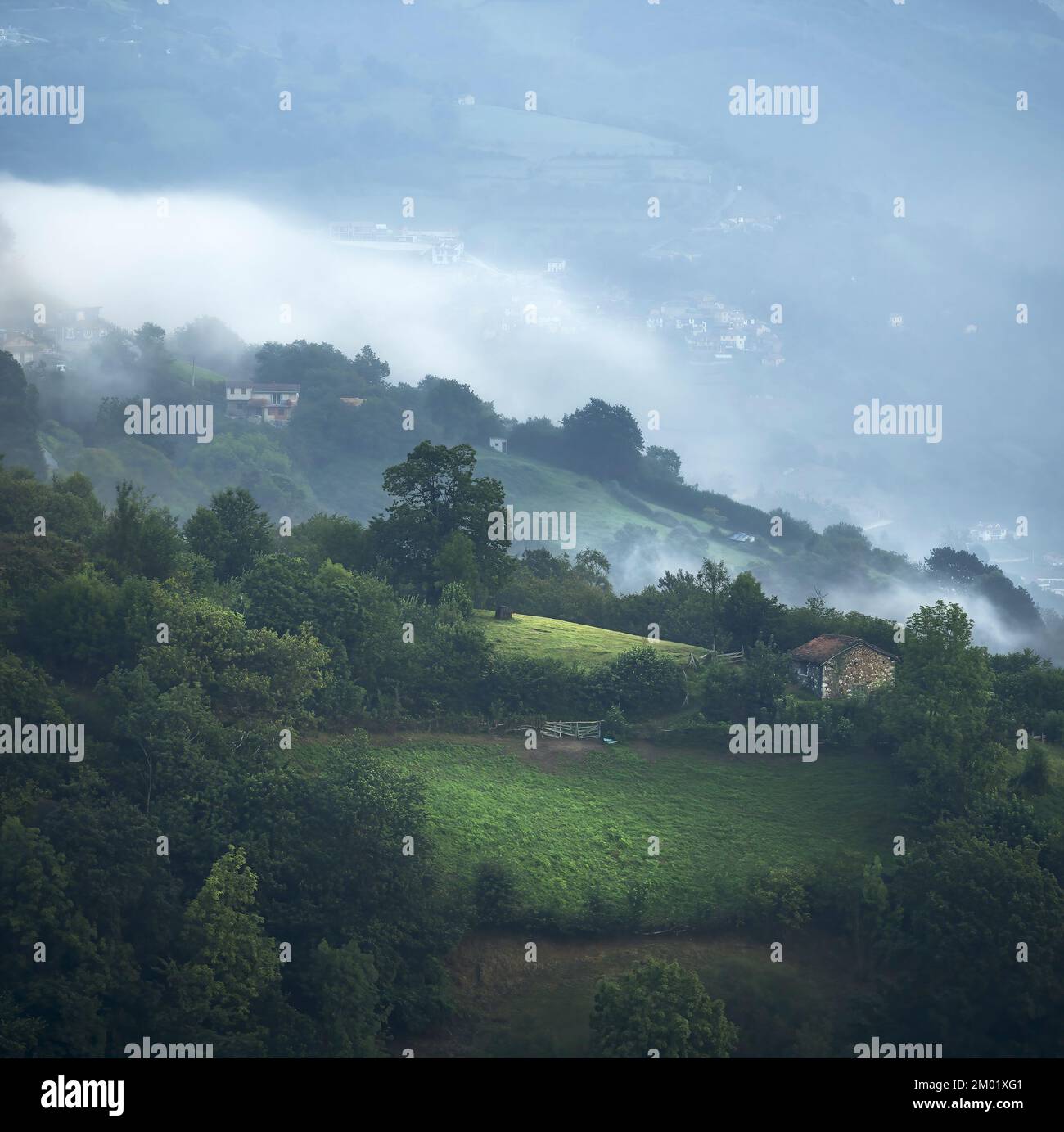 Misty y Foggy Morning en Asturias Foto de stock