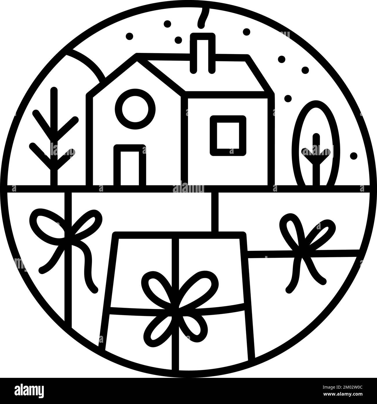 Navidad logotipo de adviento composición casa y cajas de regalo. Monoline constructor vector de invierno dibujado a mano en dos marcos semirredondos para tarjeta de felicitación Ilustración del Vector