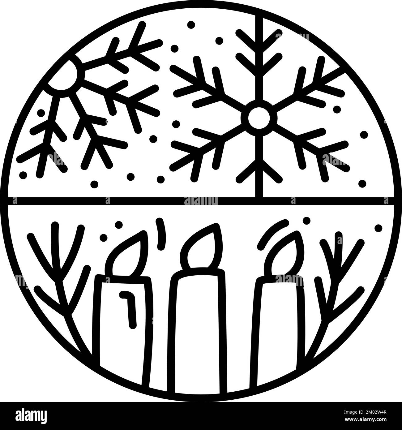 Logotipo de Navidad composición de adviento copos de nieve y velas. Monoline constructor vector de invierno dibujado a mano en dos marcos semirredondos para tarjeta de felicitación Ilustración del Vector