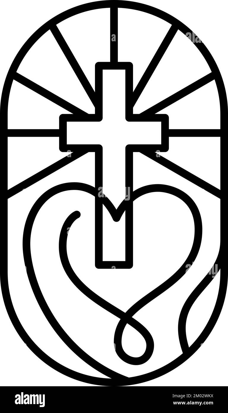 Religión línea cruz y corazón Vector Logo iglesia Icono Ilustración aislado. Jesucristo en el Calvario es el cristianismo central. Dios ama a la gente Ilustración del Vector