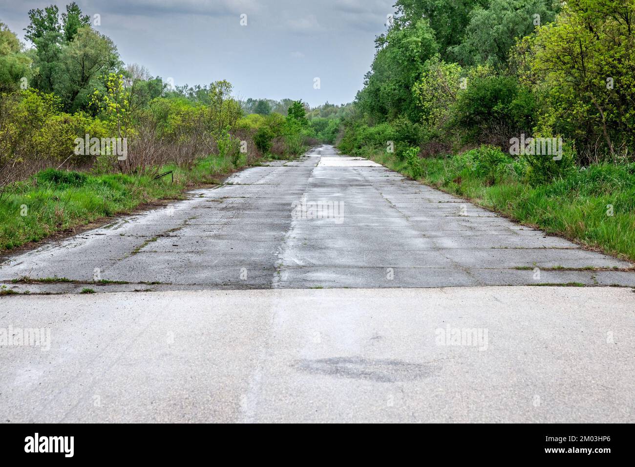 Imagen de una carretera abandonada en Europa con asfalto dañado, agrietado, durante una tarde lluviosa. Foto de stock