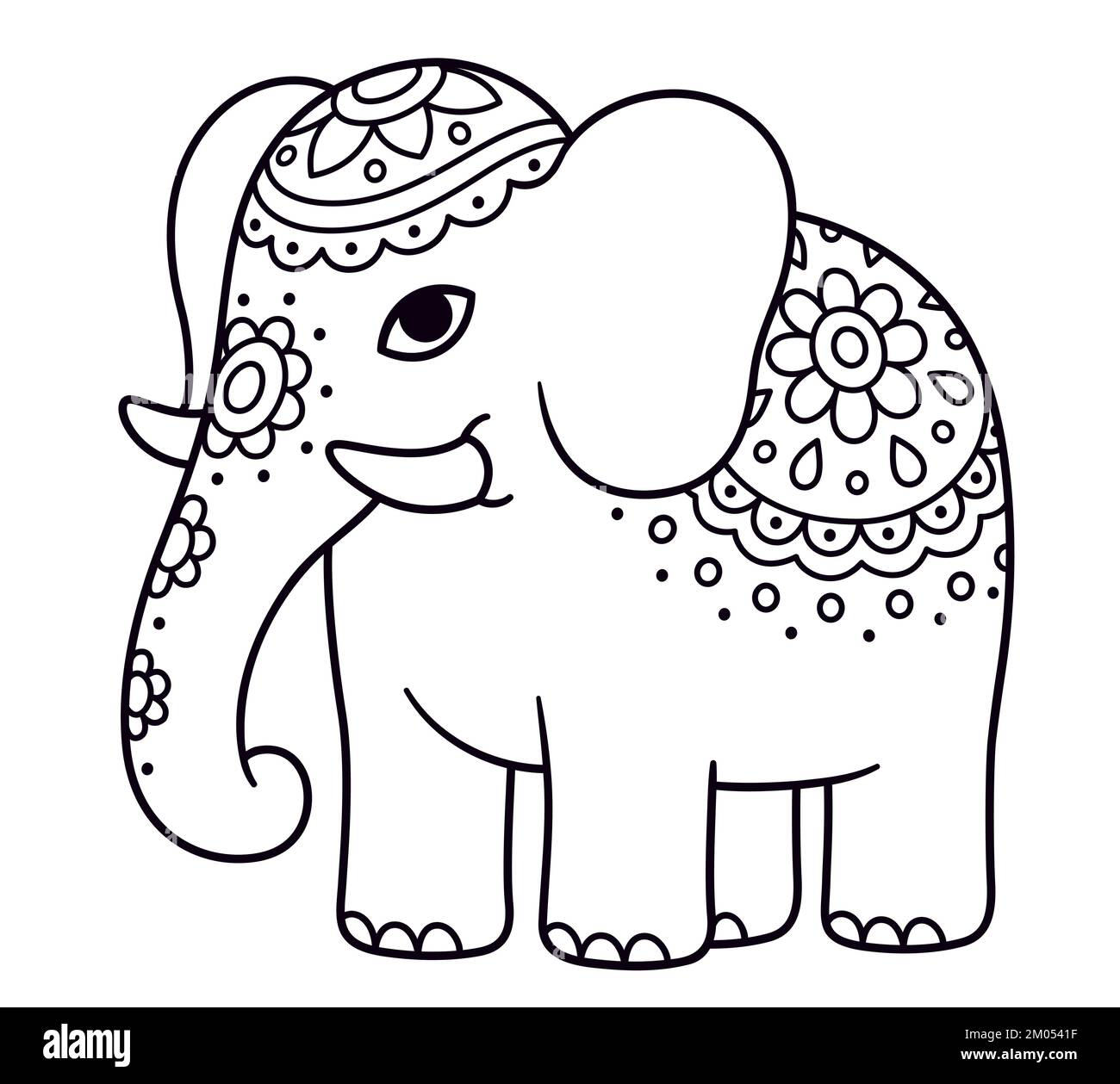 Cute caricatura adornada de elefante. Elefante indio con flores pintadas. Dibujo en blanco y negro para colorear. Ilustración vectorial de imágenes prediseñadas. Ilustración del Vector