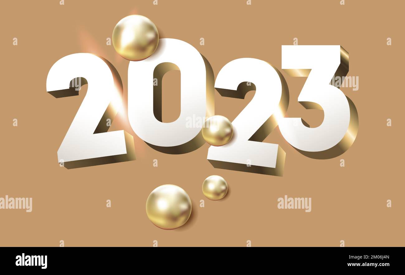 2023 vacaciones de decoración blanco dorado sobre fondo beige. Oro metalizado números 2023 con realistas objetos festivos, banner horizontal. Feliz año nuevo Ilustración del Vector