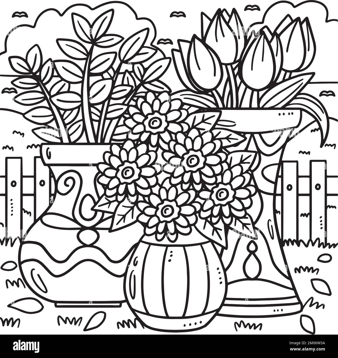 Plantas en macetas de primavera Página para colorear para los niños Imagen  Vector de stock - Alamy