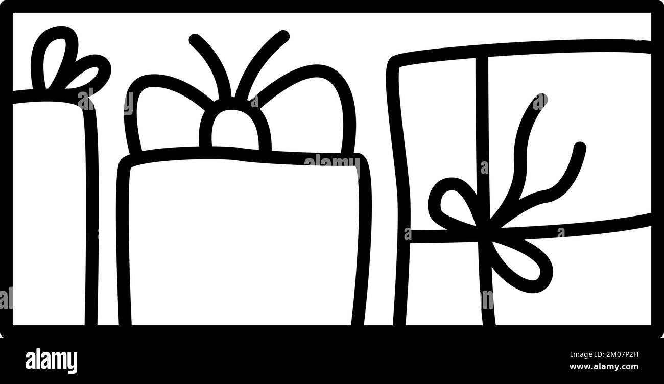 Navidad composición vector cajas de regalo. Dibujo a mano de invierno de vacaciones constructor logotipo en marco rectangular para tarjeta de felicitación, diseño web de invitación Ilustración del Vector