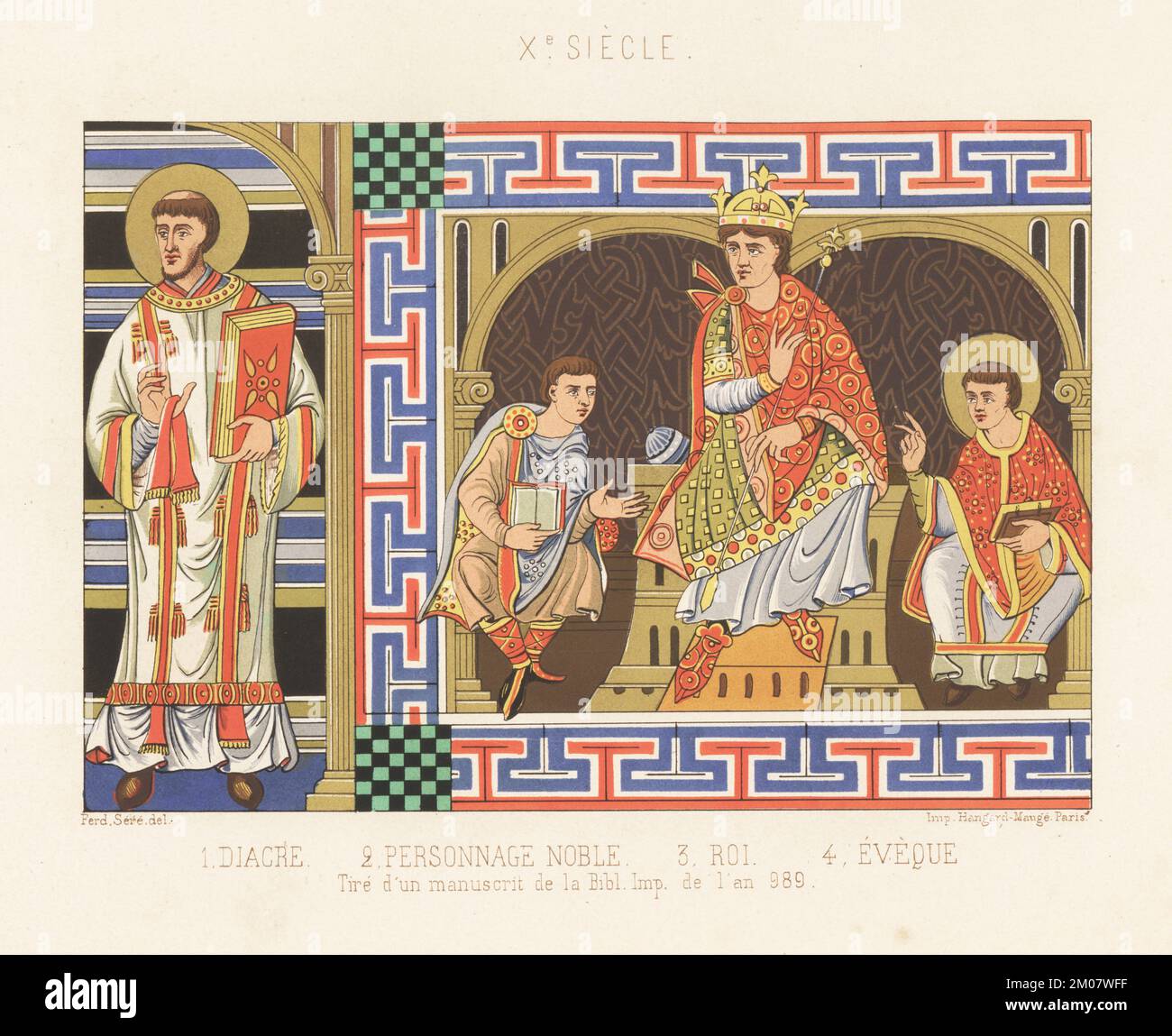 Real y trajes eclesiásticos, siglo 10th. Diácono con Biblia 1, noble 2