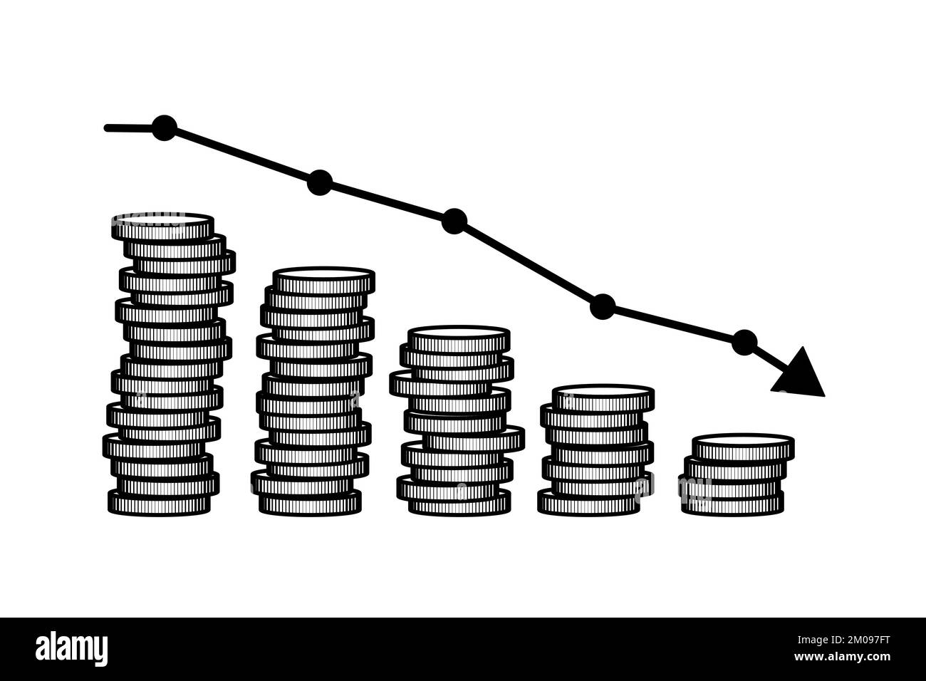 Fracaso financiero, mercado de valores bajista, pérdida de negocios y pérdida de inversión. Pila descendente de monedas como parte del gráfico financiero. Ilustración vectorial Ilustración del Vector