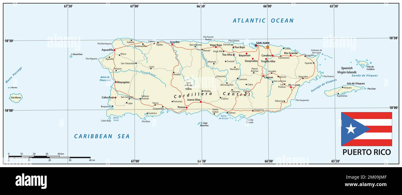 Mapa de carreteras del territorio americano Puerto Rico con bandera Foto de stock