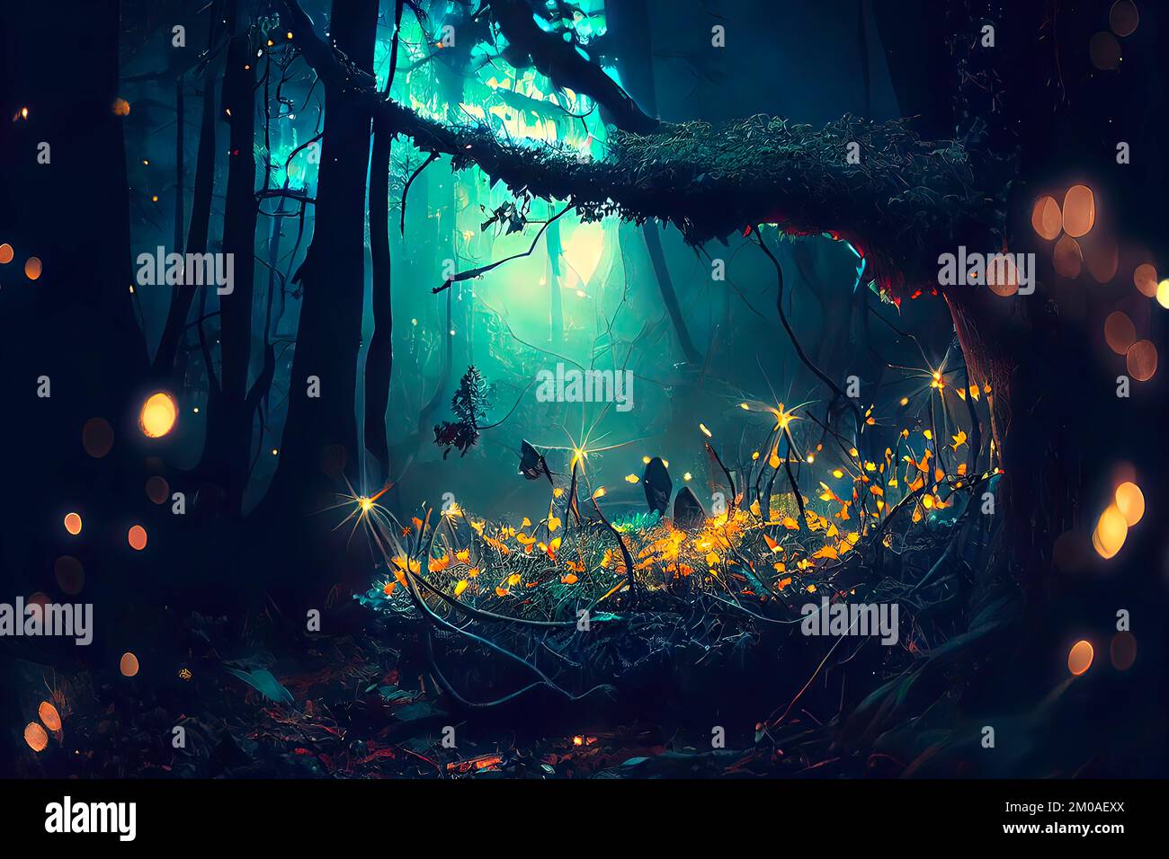 Camino bosque mágico con luciérnagas . Noche mágico bosque de fantasía. Paisaje forestal Foto de stock