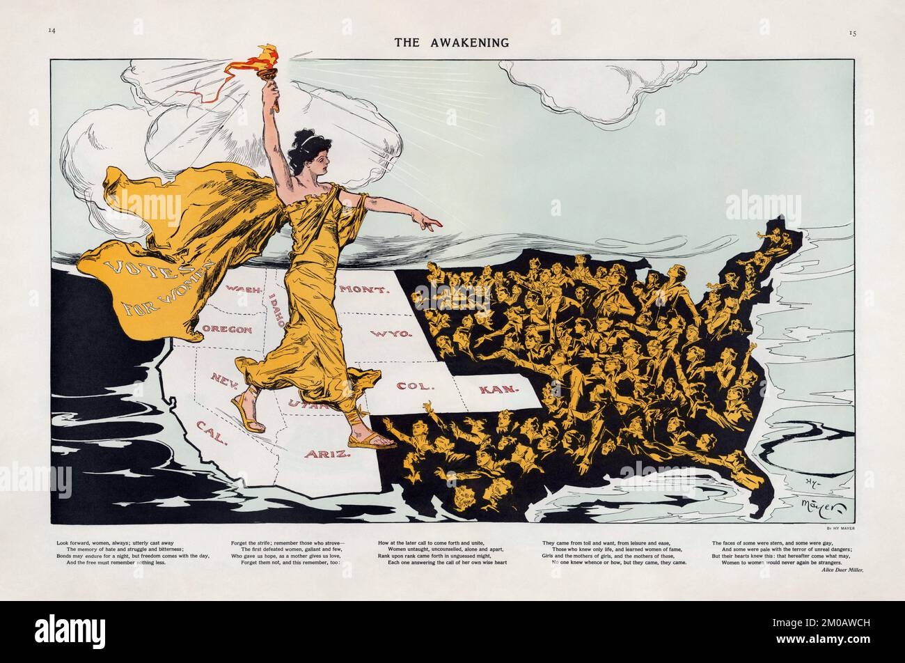 Henry Mayer, El Despertar, 1915 - Lady Liberty, con una capa denominada 'VOTOS POR LAS MUJERES', se encuentra a pasos de los estados (de color blanco) que habían adoptado Foto de stock