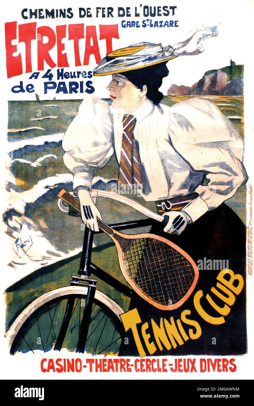 Chemins De Fer De L'Ouest Cartel del ferrocarril de Etretat París - Club de tenis, teatro, casino - 1900s Foto de stock