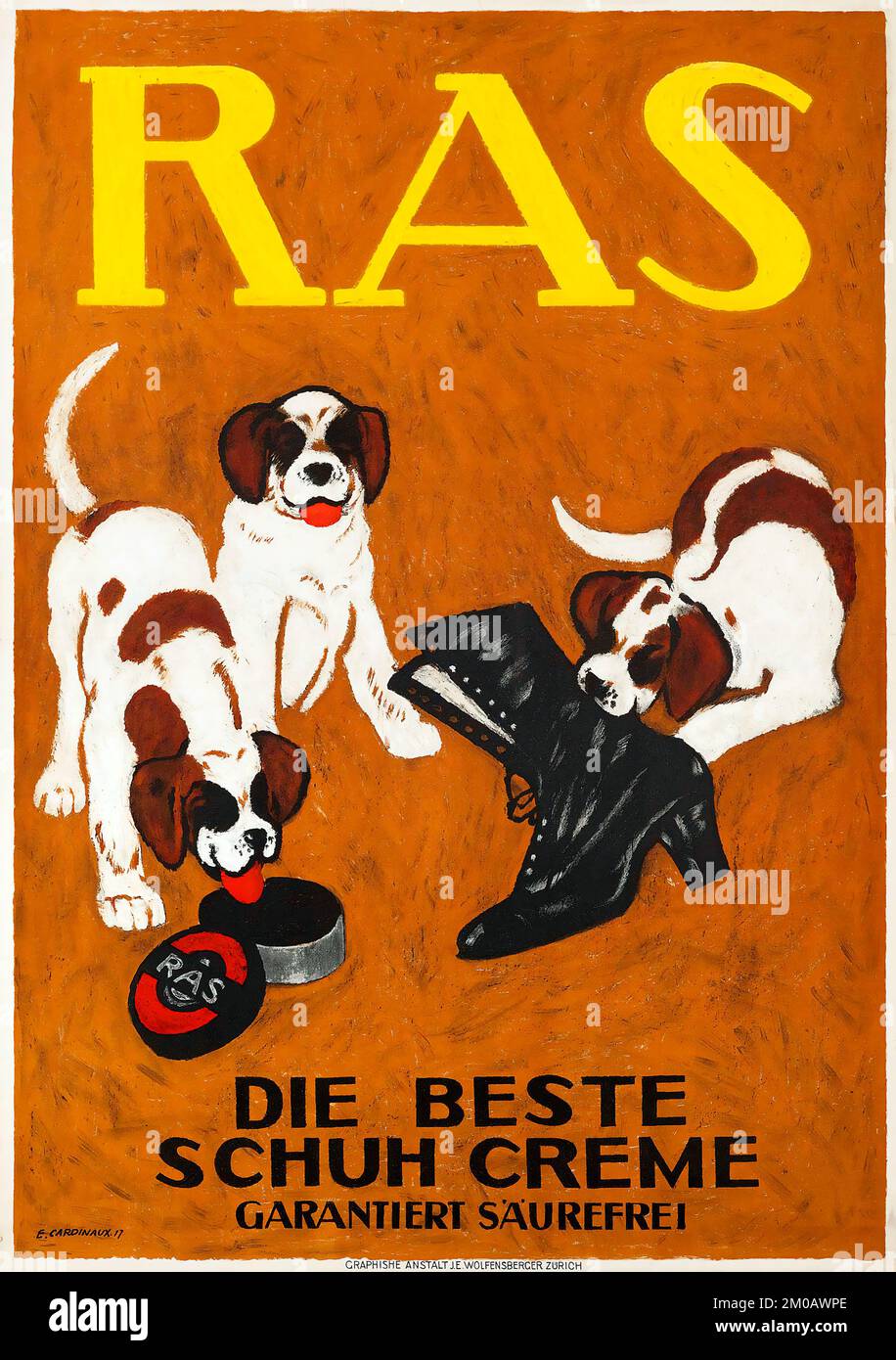 Emil Cardinaux (1877-1936) RAS, cartel publicitario para el brillo del zapato con tres juguetones cachorros, 1917 Foto de stock