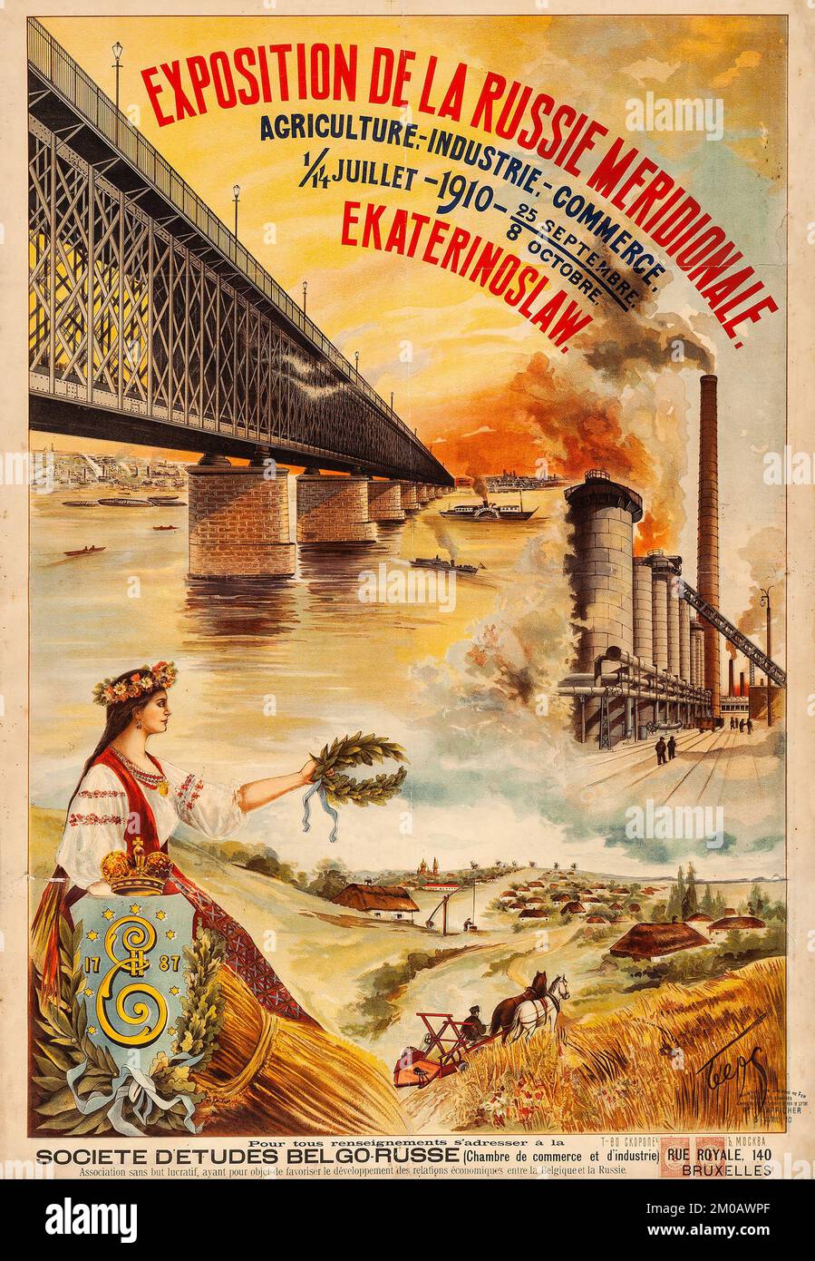 Póster vintage Exposición de la Russie Meridionale - Feria Ucraniana (1910). Cartel belga feria de la agricultura publicitaria en Ucrania Foto de stock