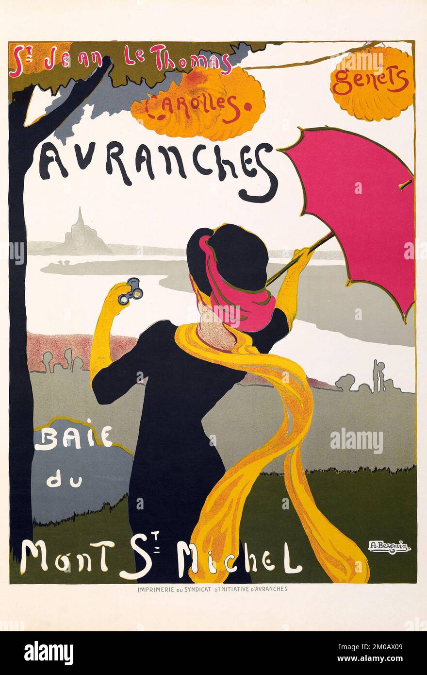 Mujer con paraguas - Avranches Baie du Mont St Michel (Syndicat d'Initiative d'Avranches, c.1910) Foto de stock