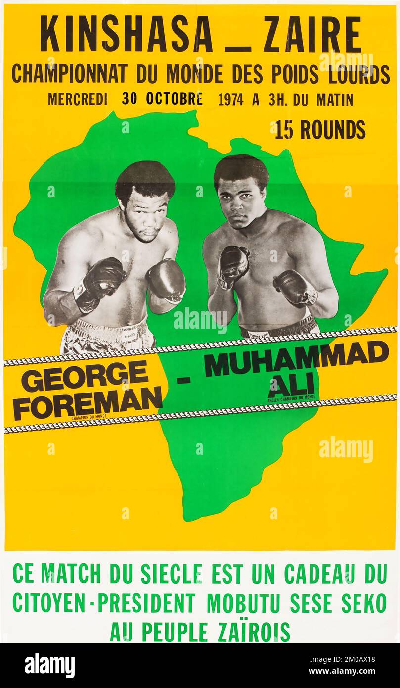 Póster de boxeo clásico - 1974 Muhammad Ali vs. George Foreman 'Rumble in the Jungle' Póster de lucha in situ Foto de stock
