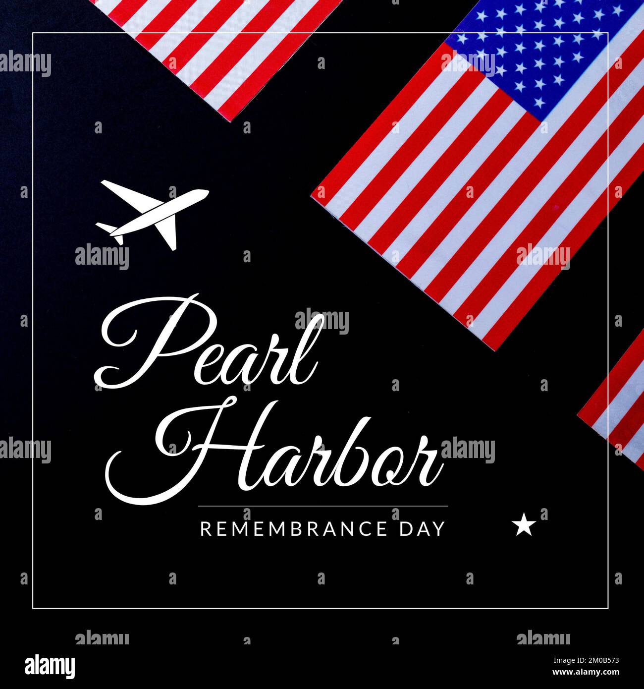 Ilustración del texto del día del recuerdo del puerto de perlas con banderas de américa, forma de avión y estrella Foto de stock