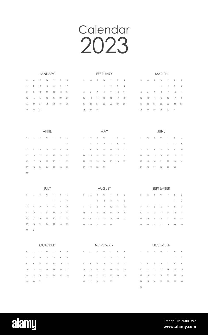 2023 Ilustración vectorial del año calendario. La semana comienza el domingo. Calendario anual