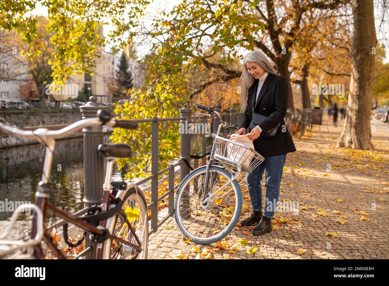 Mujer alquilando una bicicleta de calle en una calle de otoño Foto de stock