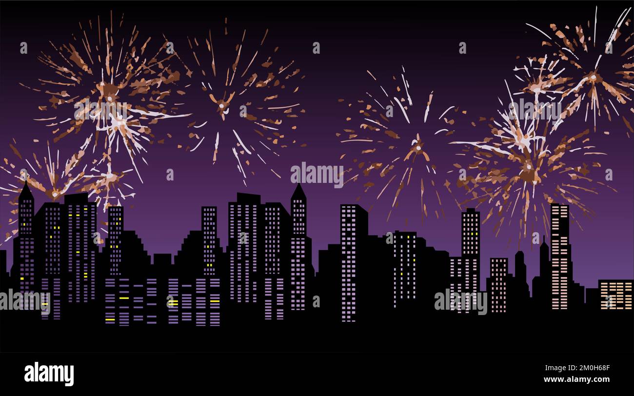 Escena de fondo de Nochevieja con horizonte urbano y fuegos artificiales. Ilustración de vectores Ilustración del Vector