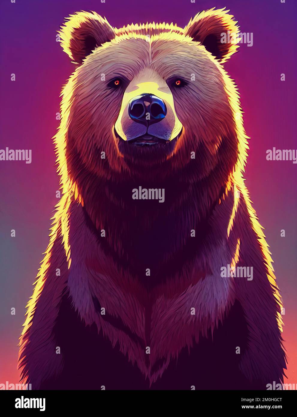 Foto de un retrato de dibujos animados de un oso grizzly. Animal terrestre norteamericano de pie frente a frente. Mirando hacia la cámara. Ilustración de arte de luz misteriosa. Cartel artístico vertical Foto de un retrato de dibujos animados de un oso grizzly. Animal terrestre norteamericano de pie frente a frente. Mirando hacia la cámara. Ilustración de arte de luz misteriosa. Cartel artístico vertical