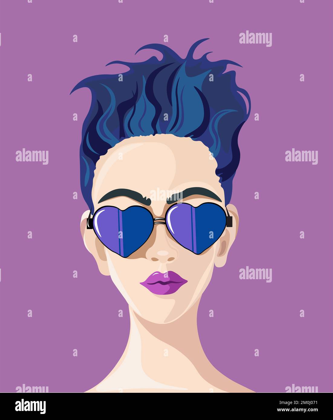 Una ilustración digital vertical de una mujer fresca con el pelo corto azul y los cristales formados púrpura del corazón Foto de stock