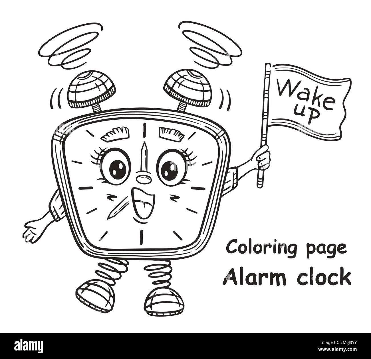 Lindo personaje del reloj despertador, despertar tiempo para colorear  página de libro niños juego de educación. Ver temporizador despierto por la  mañana. Vector de la hoja del colorear de los niños Imagen