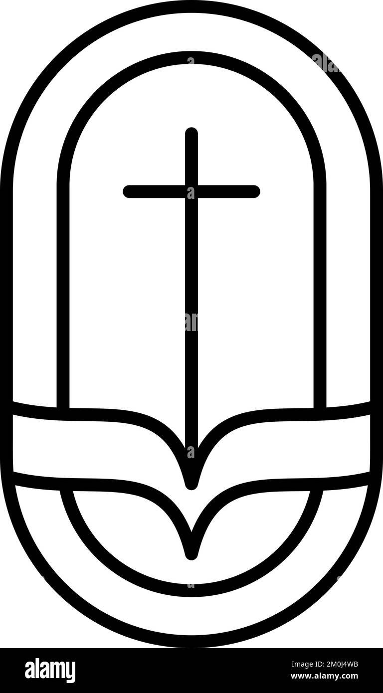Religión línea cruz y libro abierto de la Biblia en la iglesia. Ilustración de icono de Vector Logo aislada. Jesucristo en el Calvario es el cristianismo central. Dios Ilustración del Vector