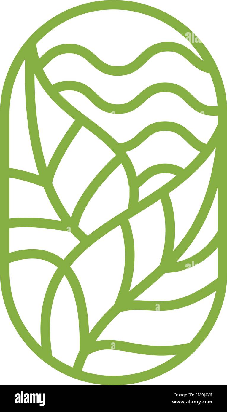 Vector Hojas y Ondas de Té para la Granja Etiqueta de Producto Eco Logo Diseño de plantas orgánicas. Emblema redondo de estilo lineal. Un icono abstracto y vintage para un toque natural Ilustración del Vector