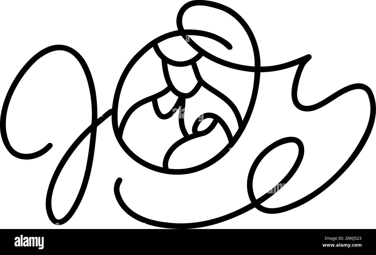 Texto de caligrafía monoline de Joy y Navidad Vector Escena religiosa Natividad del bebé Jesús con José y María. Dibujo de líneas de arte minimalista, impresión para Ilustración del Vector