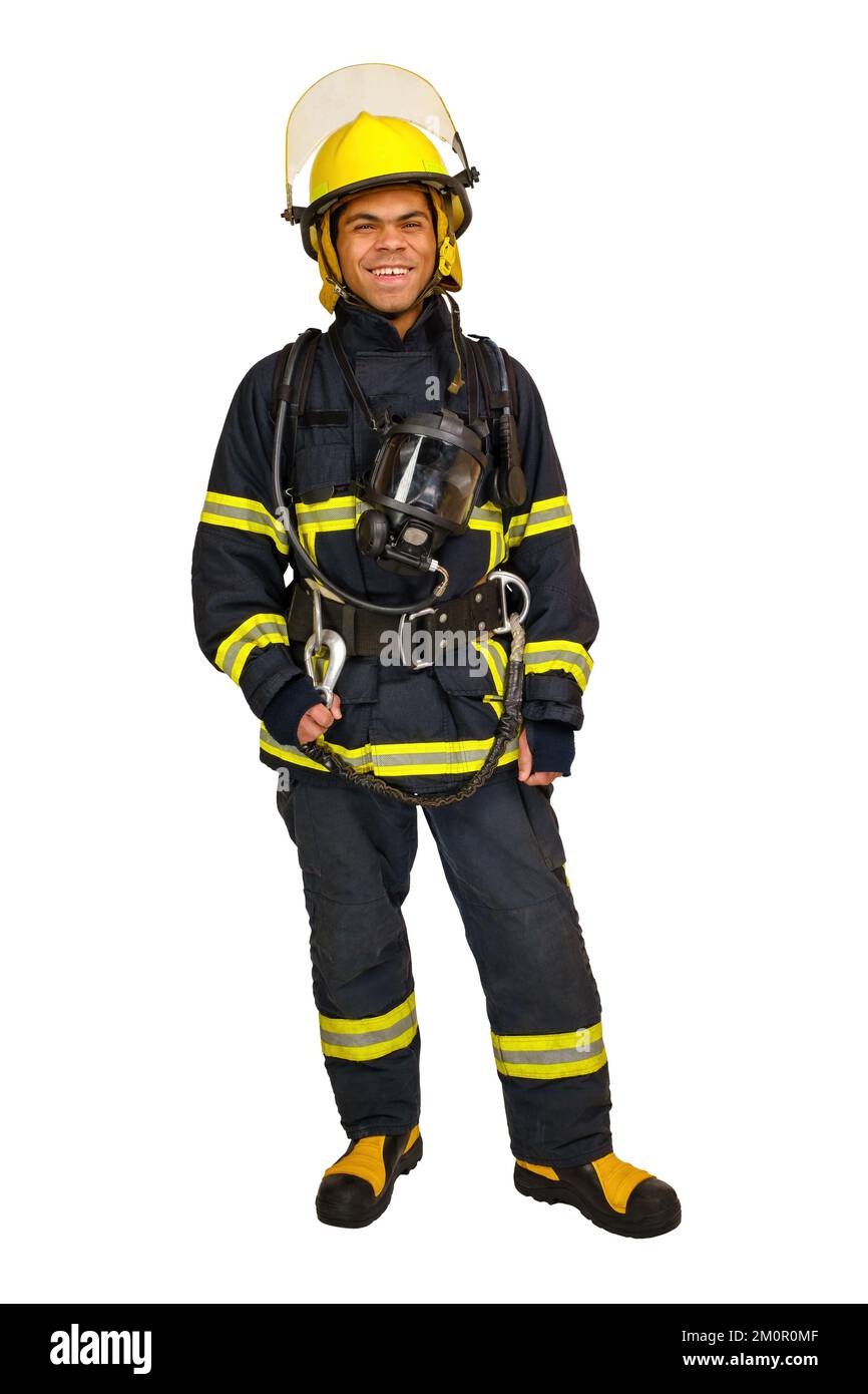 Bombero sosteniendo un martillo en uniforme y Casco Bombero adulto Stand  sobre fondo de ladrillo Imagen Vector de stock - Alamy