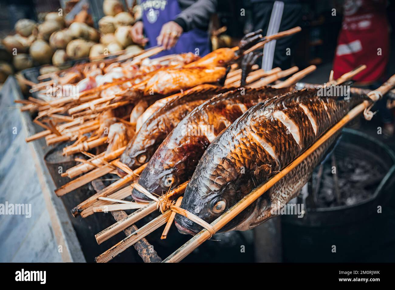 Brochetas de pescado asado - Estilo de Laos. Pescado a la plancha se  encuentra en el mostrador de una tienda de la calle. Comida de la calle en  Asia. Laos Fotografía de