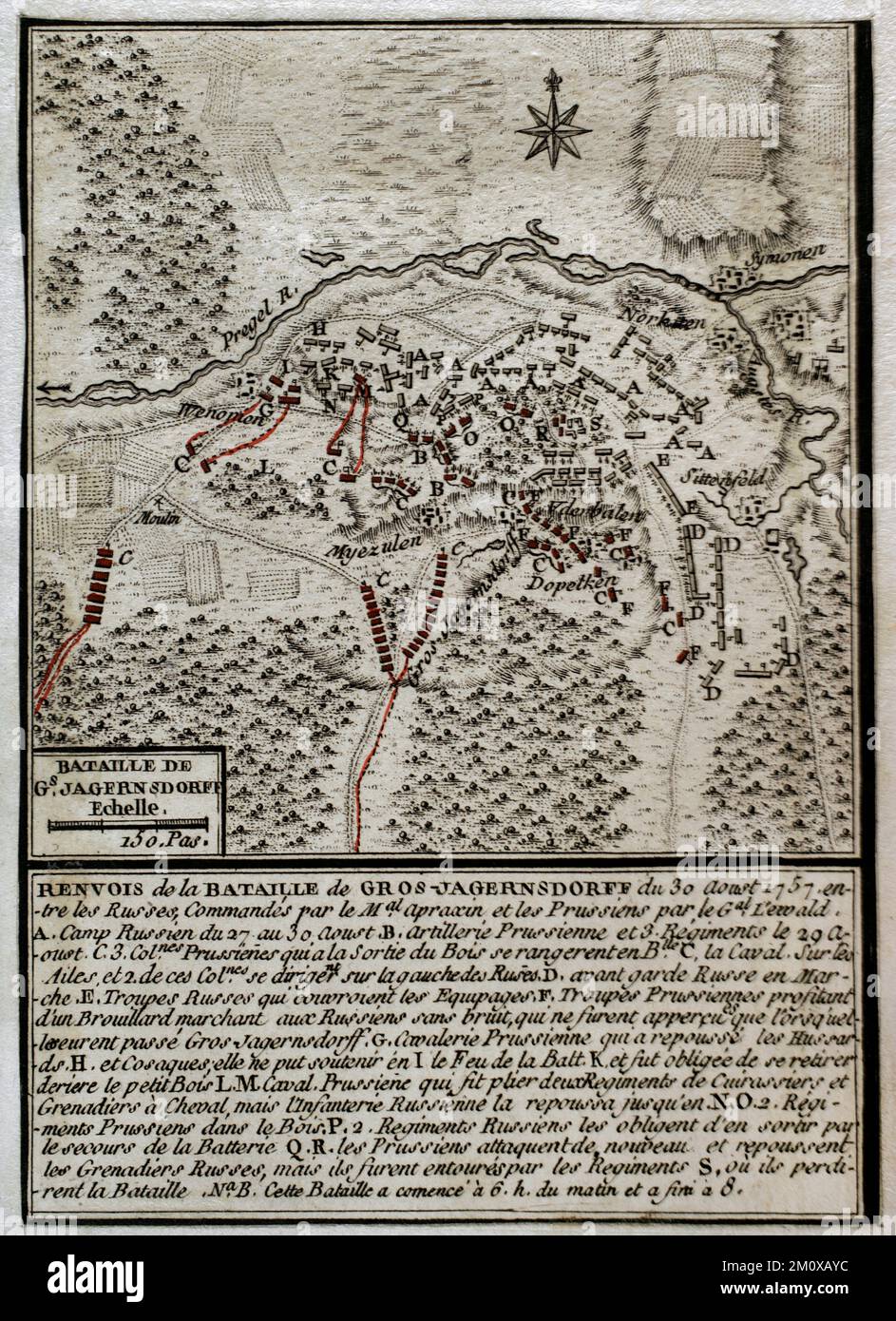 Guerra de los Siete Años (1756-1763). Mapa de la Batalla de Gross-Jägersdorf (30 de agosto de 1757). Prusia Oriental. El ejército ruso, bajo el mando del mariscal de campo Stepan Fyodorovich Apraksin, derrotó a una fuerza prusiana más pequeña dirigida por el mariscal de campo Hans von Lehwaldt. Fue la primera batalla en la que Rusia participó durante el conflicto. Publicado en 1765 por el cartógrafo Jean de Beaurain (1696-1771) como ilustración de su Gran Mapa de Alemania, con los acontecimientos que tuvieron lugar durante la Guerra de los Siete Años. Grabado y grabado. Biblioteca Histórico Militar de Barcelona Foto de stock