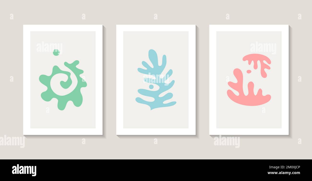 Conjunto de tres carteles abstractos con corales abstractos naturales. Estilo Matisse. Ilustración del Vector