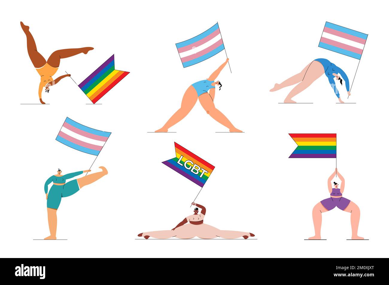 Ilustración plana vectorial con grupo LGBT de personas de pie en yoga poses con banderas transgénero y arco iris en sus manos. Ilustración del Vector