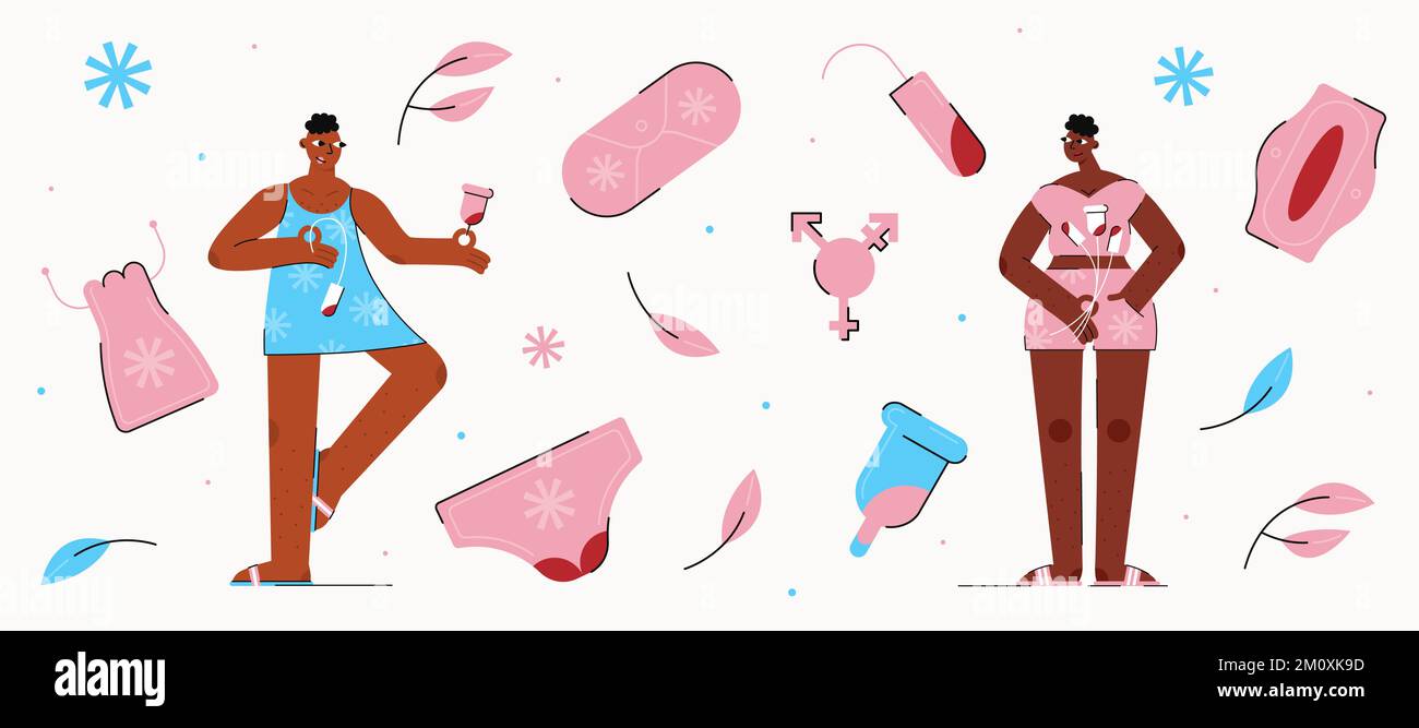 Personas que menstruan. Set con accesorios para la menstruación con dos personas afroamericanas transgénero dibujadas en tonos rosa y azul. Ilustración del Vector