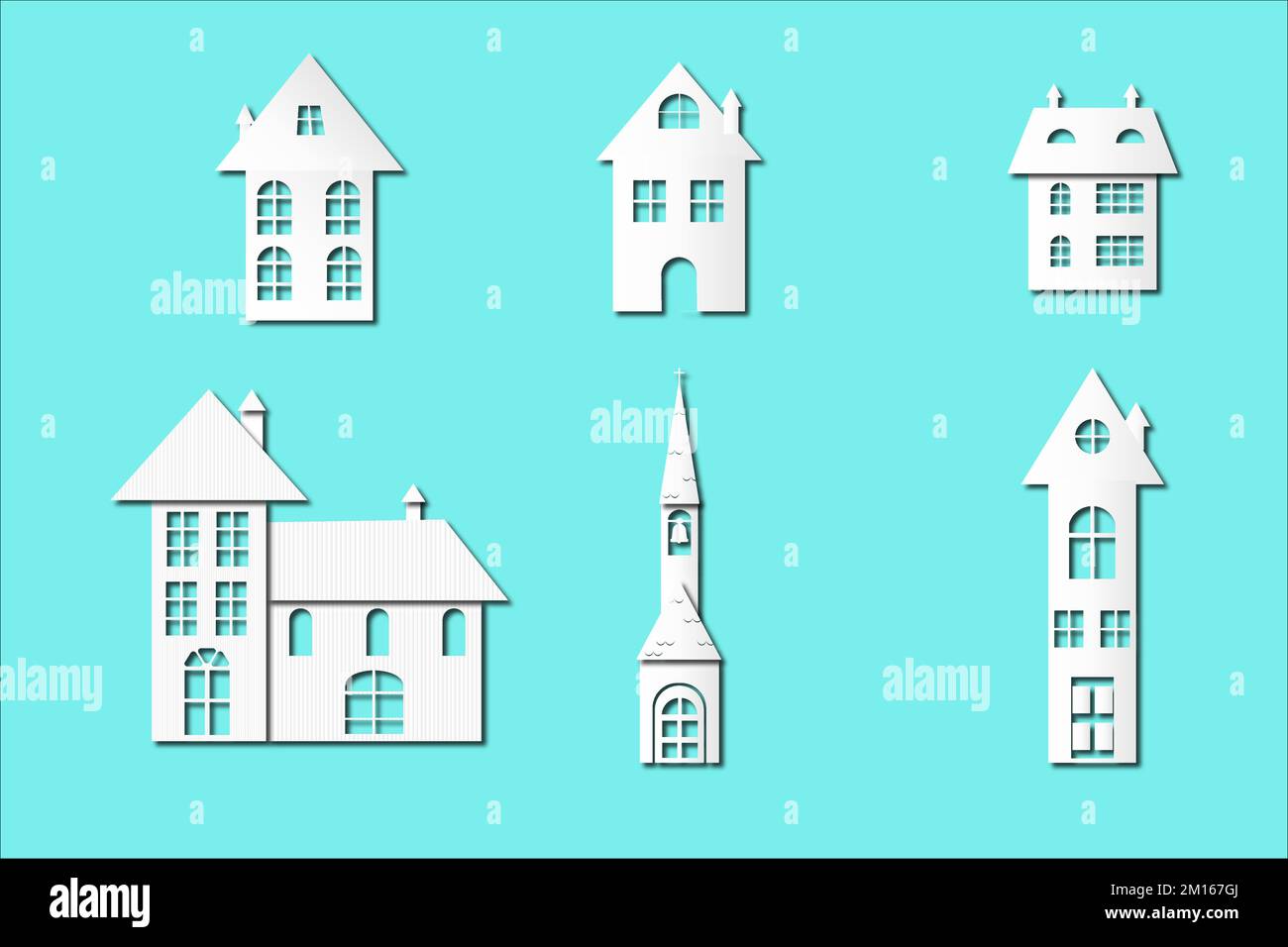 casas cortadas de papel de navidad e iglesia con muchas ventanas y chimeneas, aisladas sobre fondo turquesa. Todo blanco con un tono que recuerda el co Ilustración del Vector