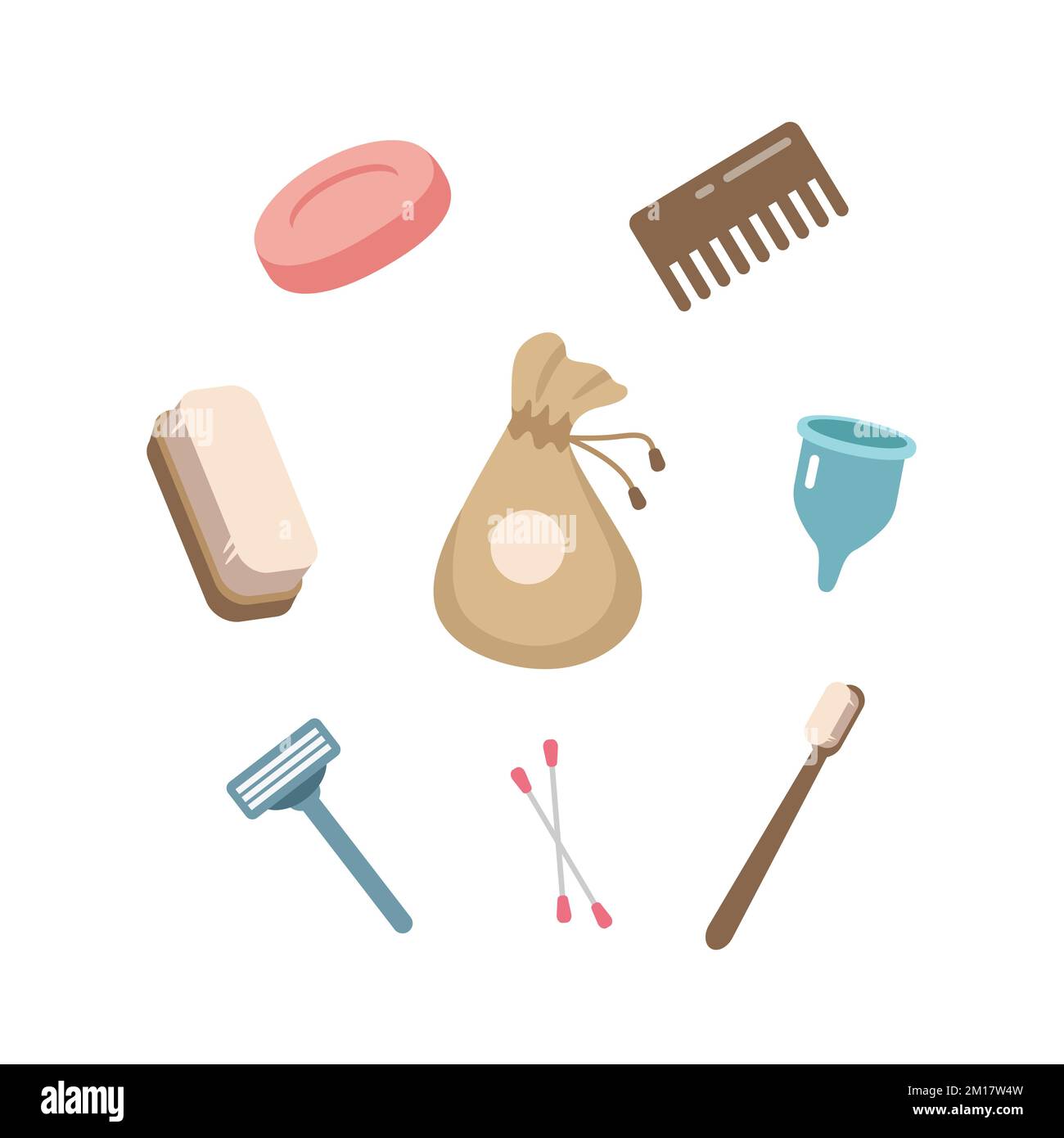 Concepto de cero residuos. Juego de artículos de higiene personal ecológicos: Cepillo de dientes de madera, peine, cepillo, taza menstrual, jabón sólido, bolsa de algodón, varillas para los oídos. VECT Ilustración del Vector