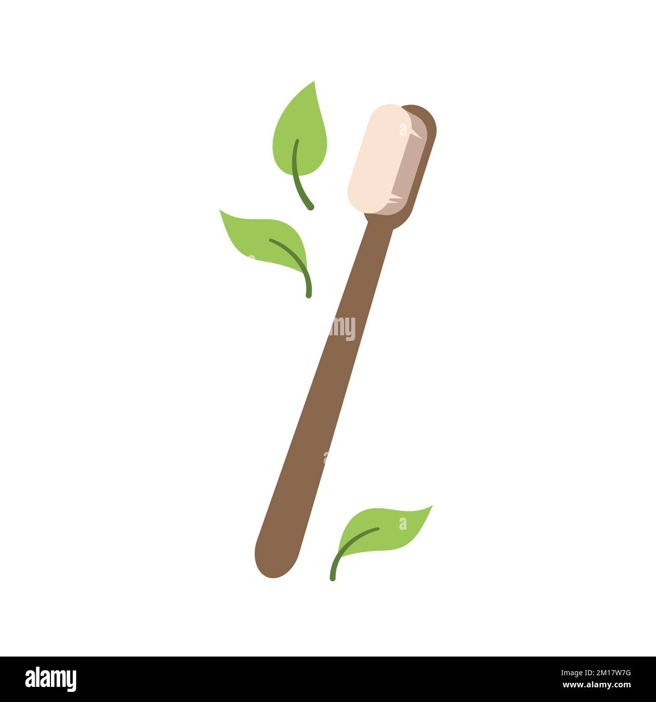 Cepillo de dientes de madera con hojas. Higiene personal, estilo de vida sostenible, cero residuos, concepto ecológico. Ilustración vectorial en estilo de dibujos animados. Reciclaje, gestión de residuos, ecología, sostenibilidad. Ilustración del Vector