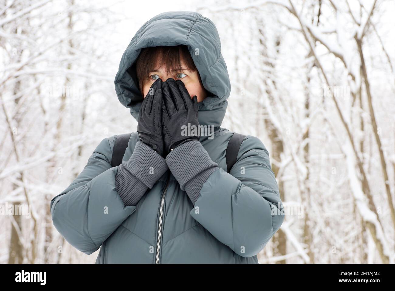 Heladas En invierno, mujer en chaqueta parada en el parque durante la nieve y cubriéndose la cara con las manos con guantes de cuero negro Foto de stock