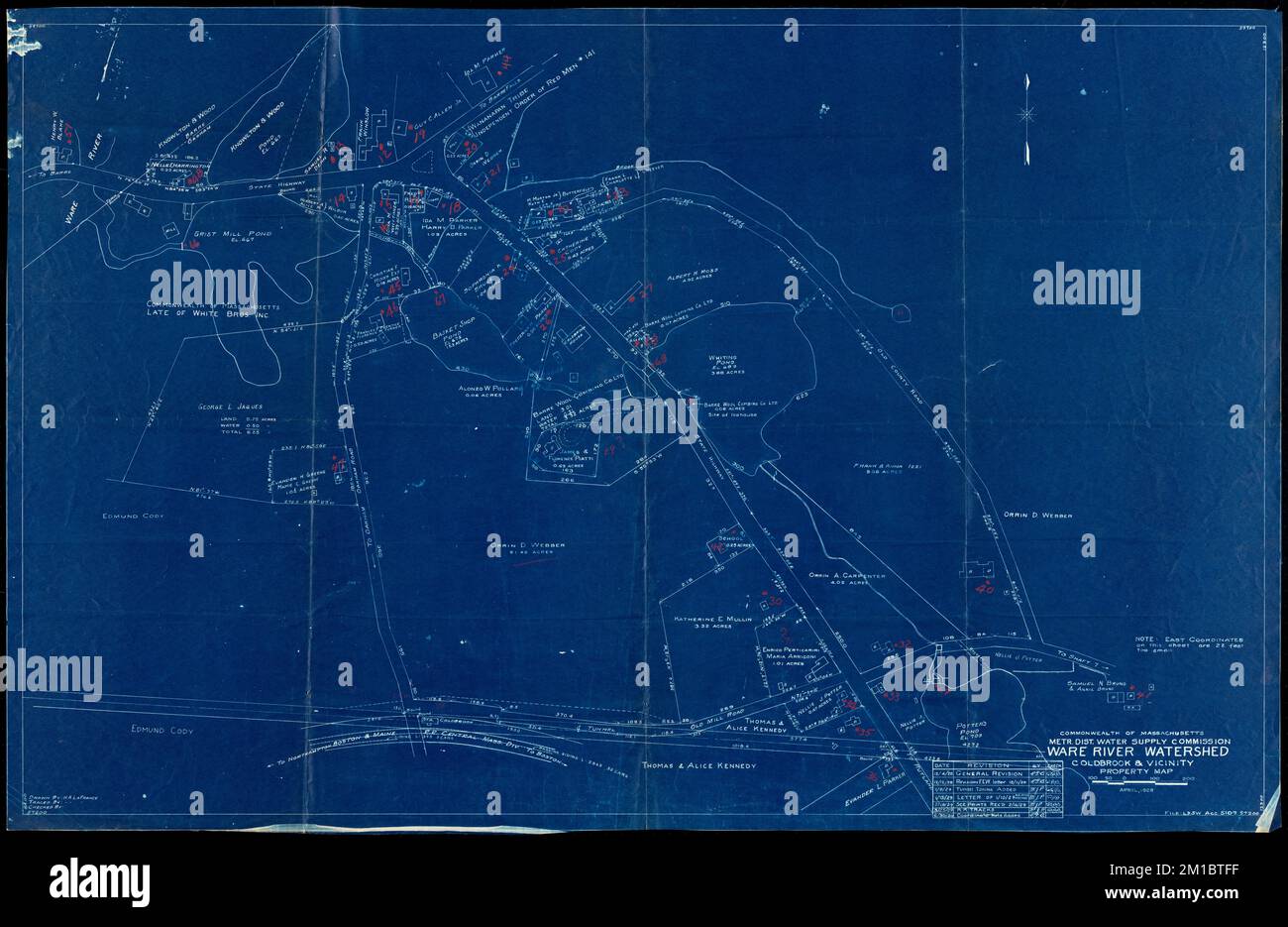 Cuenca del río WARE, Coldbrook y Alrededores, Mapa de la propiedad, Barre y  Oakham, Massachusetts., 1928 de abril, revisado al 30 de junio de 1930 ,  obras sanitarias, embalses, estructuras de distribución