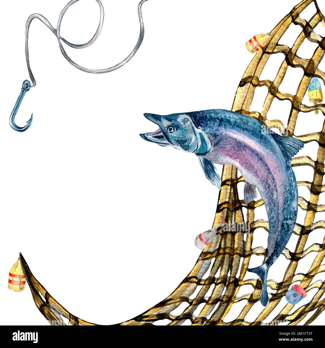 Peces en una red de pesca vectorial ilustración de dibujo a mano